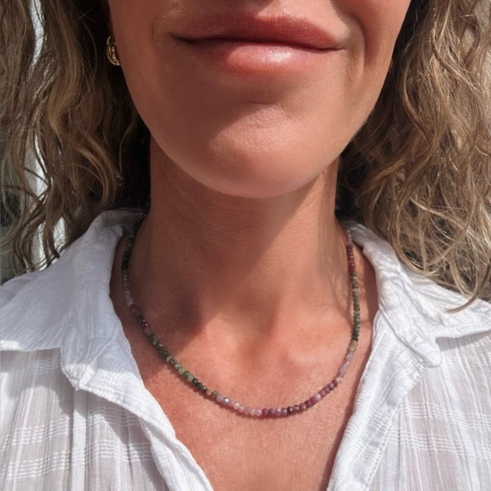 Watermelon Tourmaline Beaded Necklace Pink Green Ombre Gemstone Healing Jewelry - Picture 14 of 16